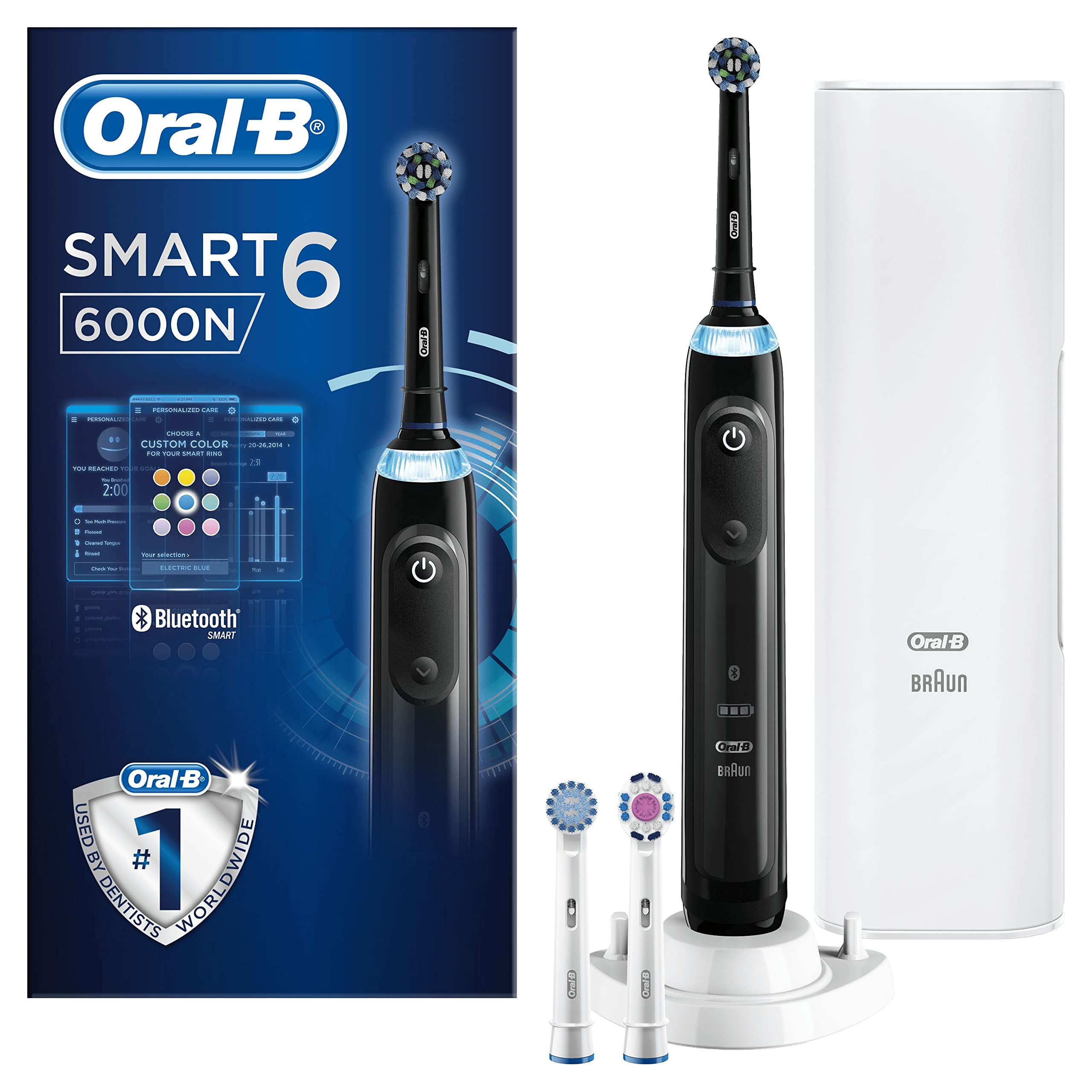 Oral-B Smart 6 Electric Toothbrushes Adults, App Connected Handle, 3 Toothbrush Heads & Travel Case, 5 Modes, Teeth Whitening, 2 Pin UK Plug, 6000N