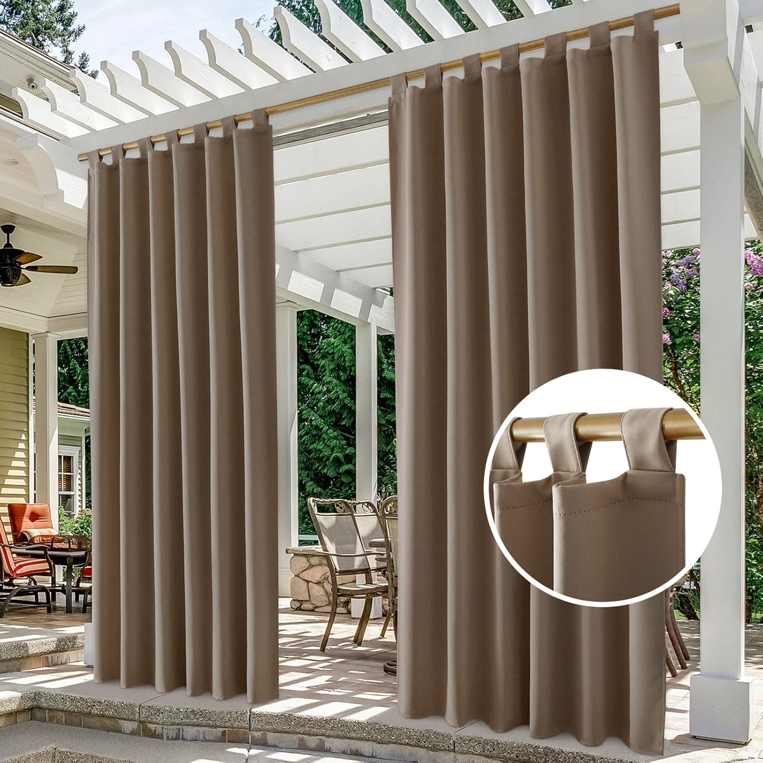 Outdoor Curtains - HOMEIDEAS 2 Panels Tab Top Outdoor Curtains for Patio Waterproof, Tan Blackout Outdoor Curtains, 52 X 84 Inch Thermal Insulated Coffee Outdoor Patio Curtains for Porch/Pergola/Cabana/Gazebo