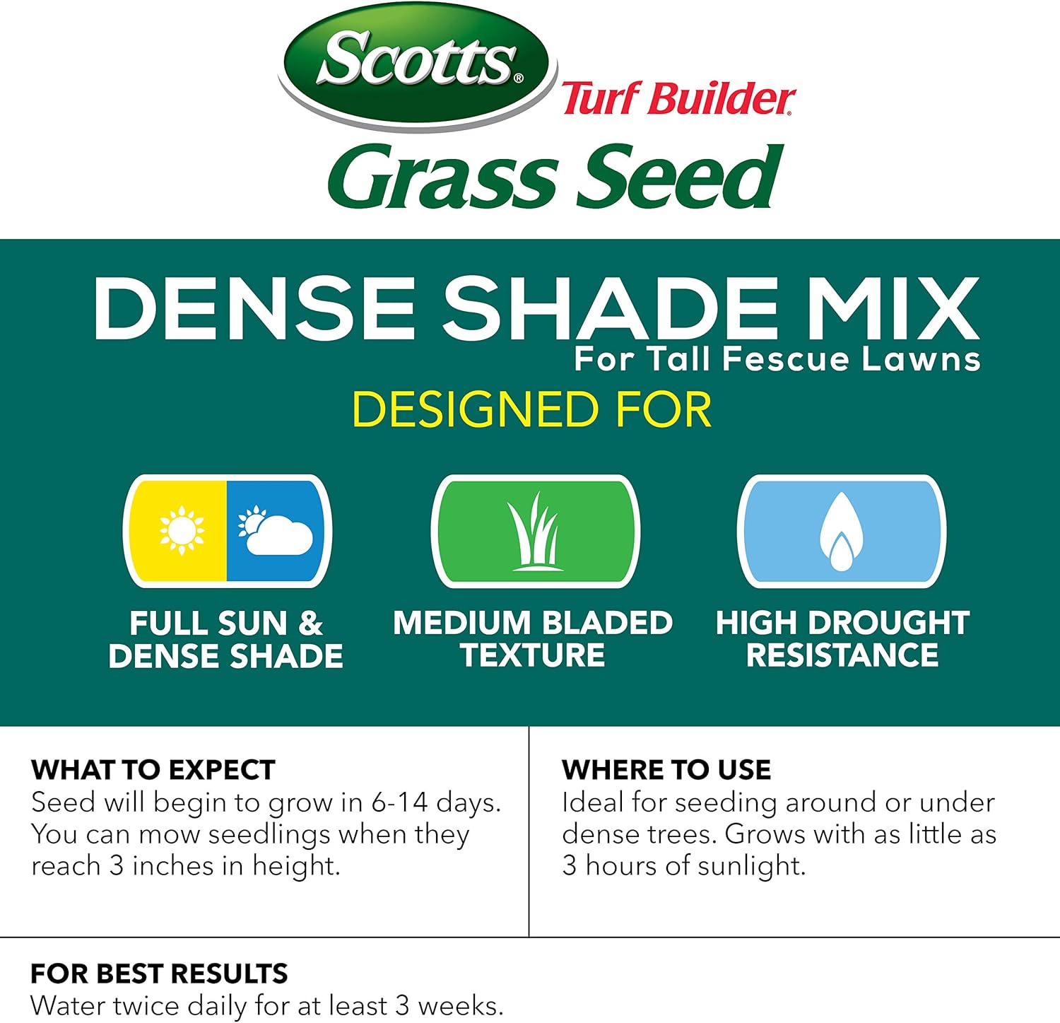 Scotts Turf Builder Grass Seed Dense Shade Mix for Tall Fescue Lawns, 7 lb. - Full Sun and Dense Shade - Grows With as Little as 3 Hours of Sunlight - Resists Heat and Drought, Insects and Disease : Grass Plants : Garden & Outdoor