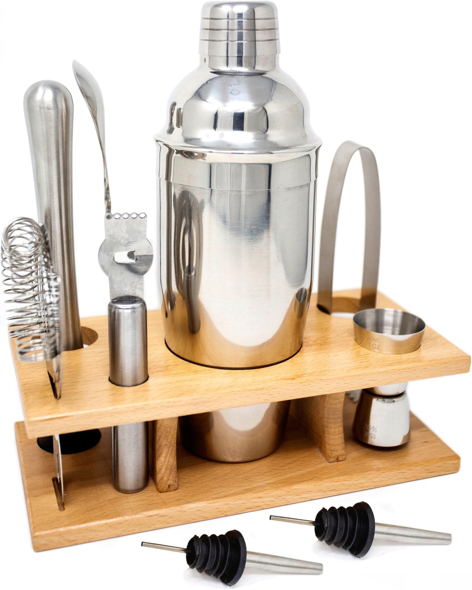 Cocktail Shaker Home Bar Set - 10 Piece Bartender Kit with Wooden Stand - Shaker, Hawthrone Strainer, Muddler, Jigger, Channel Knife, Mixing Spoon, Ice Tongs, 2 Pourer Accessories Bar Tool Set - Ryven