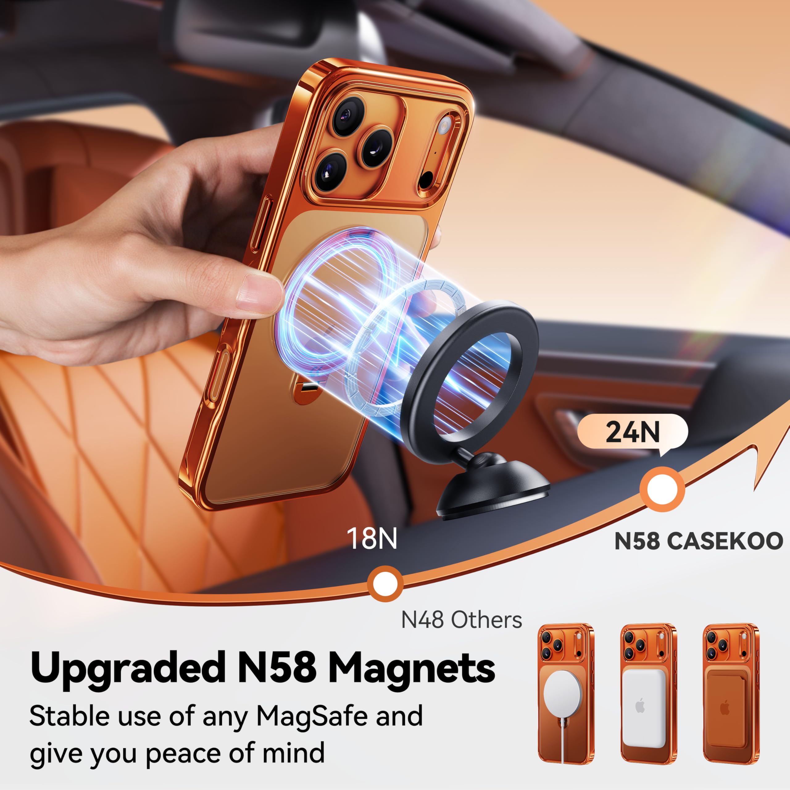 CASEKOO Cosmic Orange Glossy for iPhone 17 Pro Max Case [360 Spin Magnetic Stand][Fit for MagSafe][17FT Military Protection] Slim Polished for iPhone 17 Pro Max Case with Stand 6.9'', Cosmic Orange