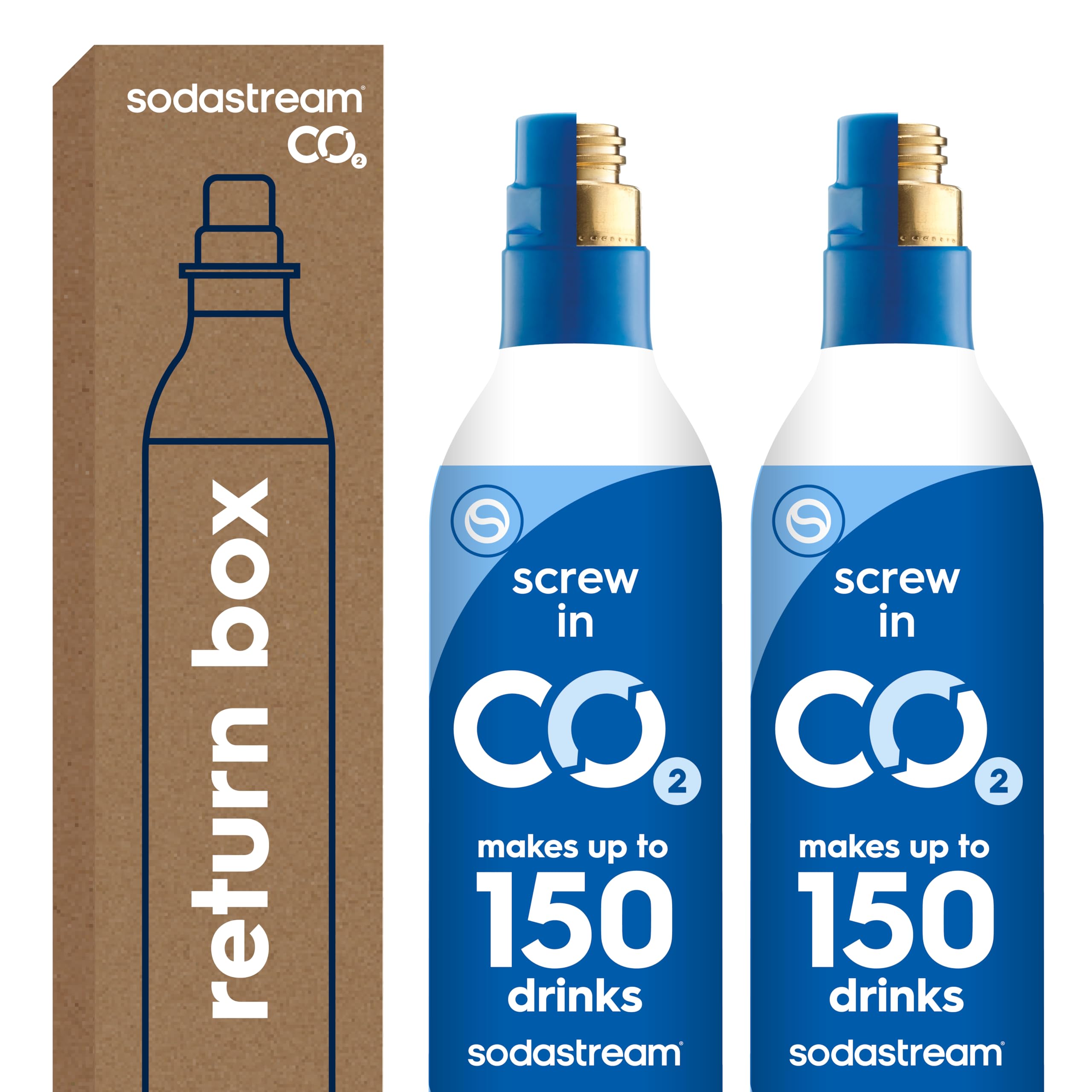 SodaStream CO2 Gas Refill Pack - 2 Cylinders, BLUE Screw-in System - Use box to return your empty cylinders and earn an Amazon.com Gift Card - Compatible with Fizzi, OneTouch, Jet, Spirit, Penguin