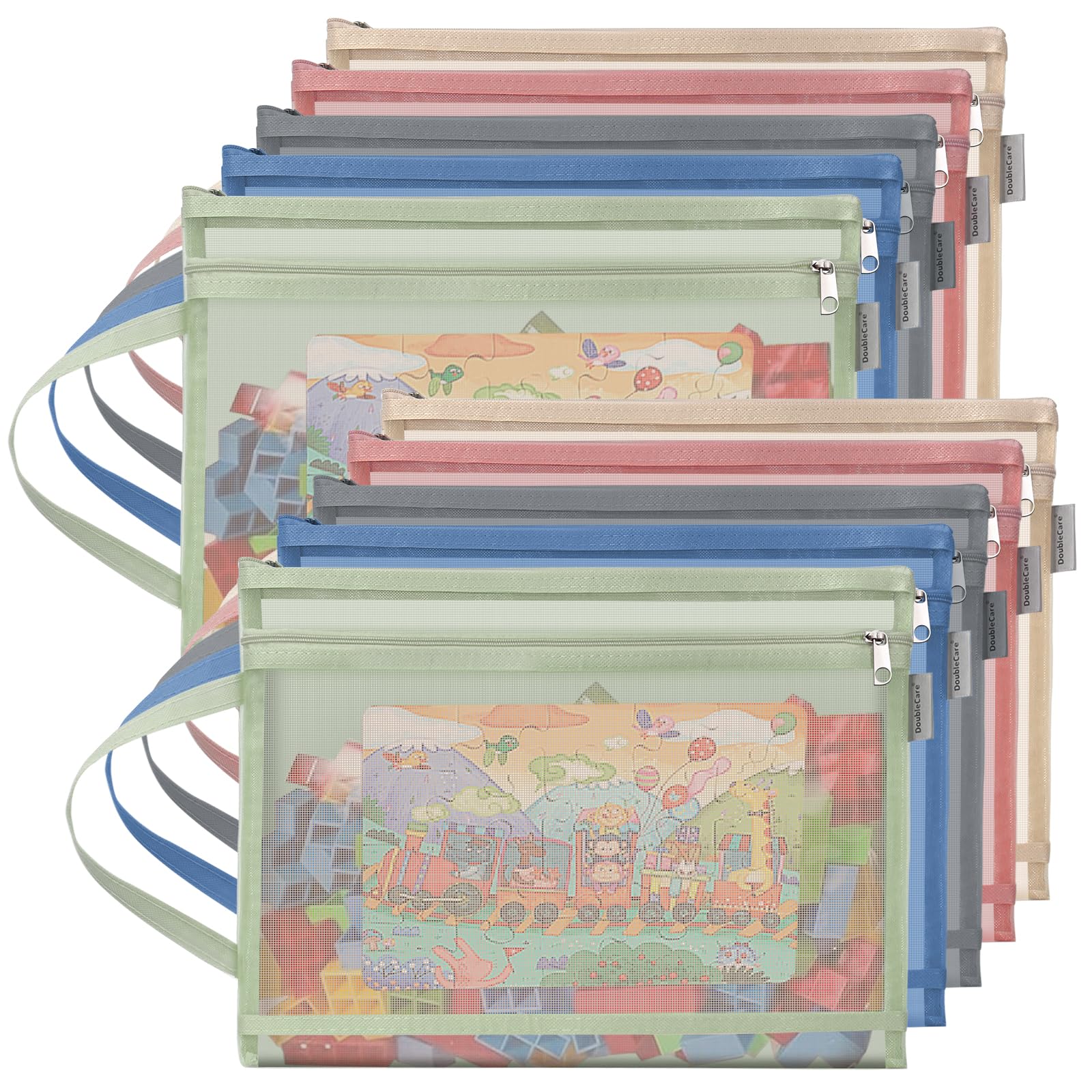 10 PCS 𝐓𝐨𝐲 Storage Bags with Zipper, Colored Mesh Double-Layer 𝐓𝐨𝐲 Bags Storage for 𝐊𝐢𝐝𝐬, A4 Zipper Pouch with Handle, Suitable for Storing Building Blocks, Puzzles, Books, Stationery