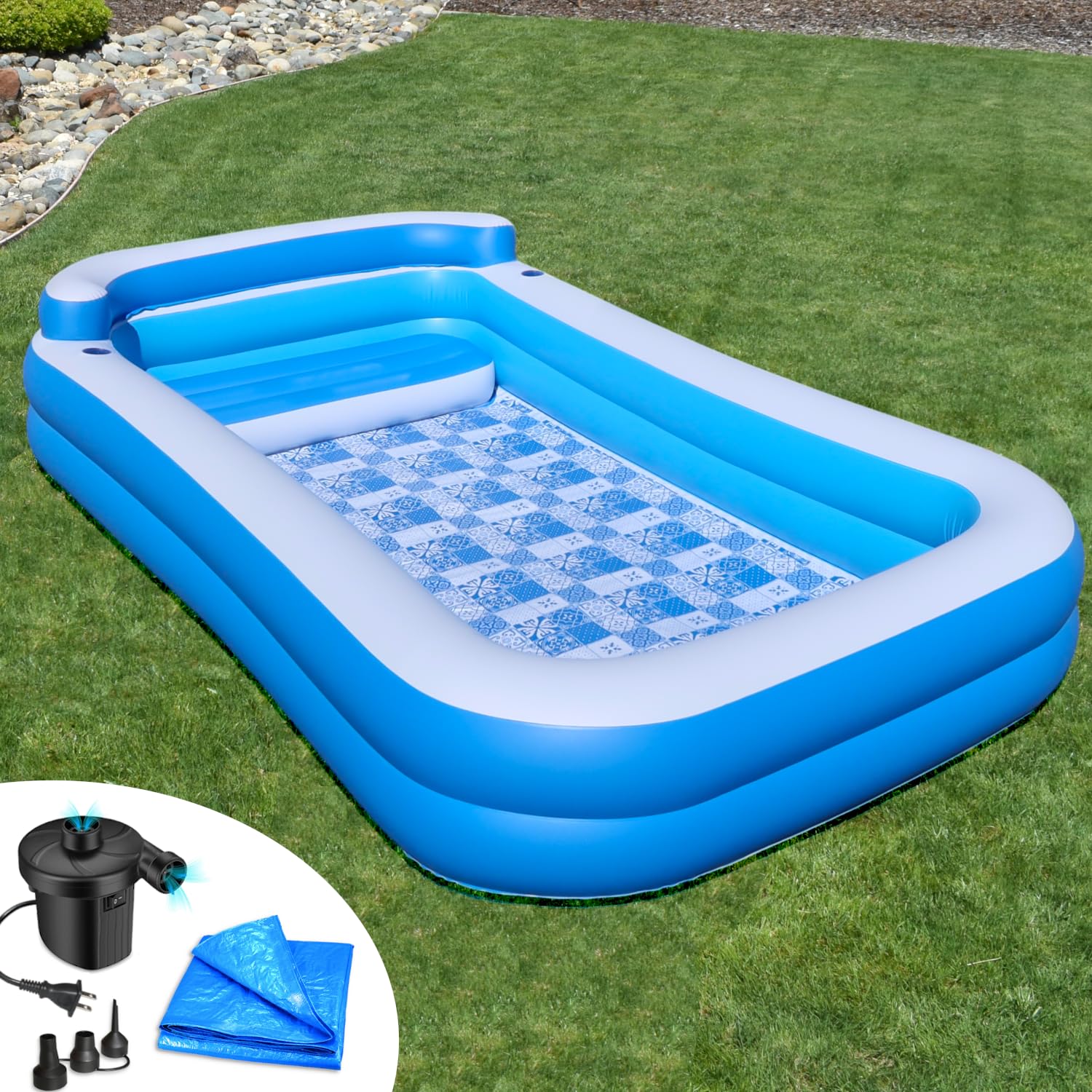 Rukala Inflatable Pool with Bench Bundle - 10ft x 6ft - Electric Pump and Ground Tarp Included - Fast Setup and Reinforced Seams