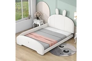 APRILSOUL Full Size Teddy Fleece Platform Bed with Cartoon Ears Shaped and Durable Wood Frame & Cute Design,No Box Spring Required,Upholstered Daybed for Children‘s Bedroom,White