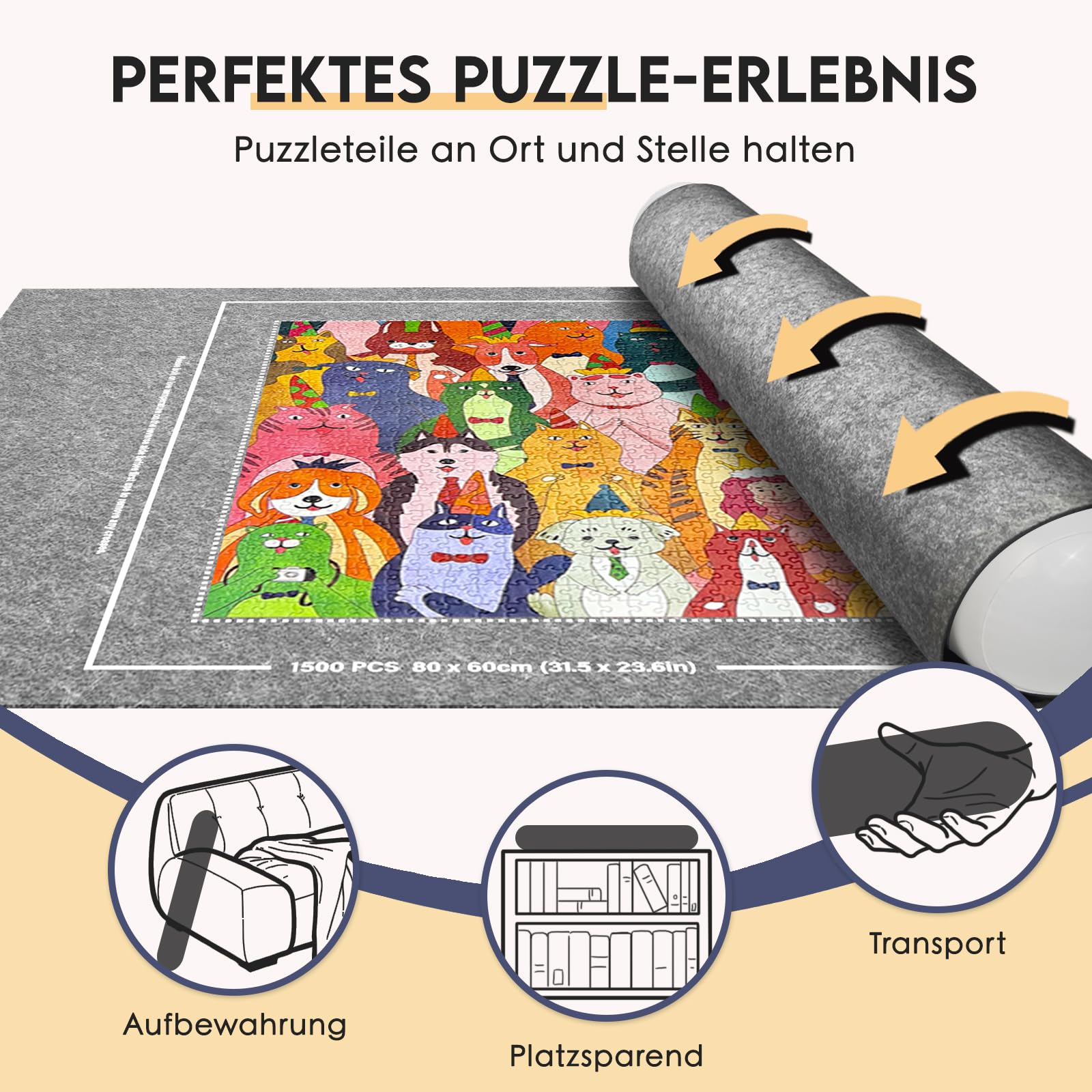 Nariolar Puzzlematte - Puzzle Matte Roll 500/1000/1500 Teile, Praktisches Zubehör für die Aufbewahrung und den Transport von Puzzles（Grau） 2