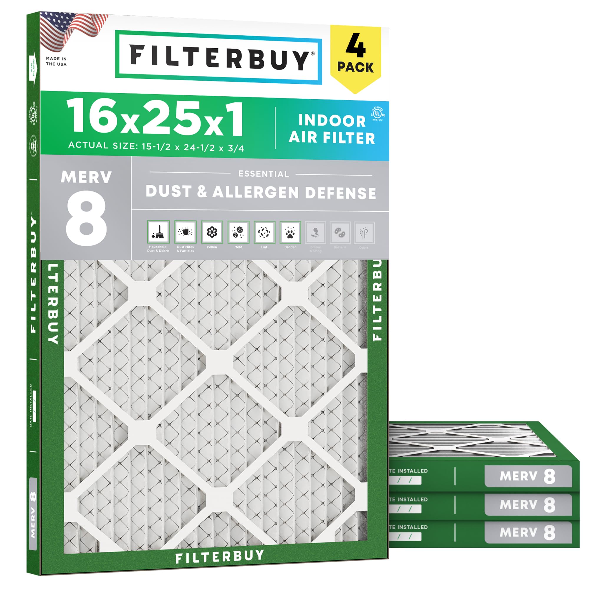 Filterbuy 40.6x63.5x2.5cm(16x25x1인치) 에어 필터 MERV 8 먼지 및 알레르기 방어 | 정전기 플리츠 HVAC AC 퍼니스 필터 교체품, 미국에서 제작 (실제 사이즈: 39.5 x 61.9 x 1