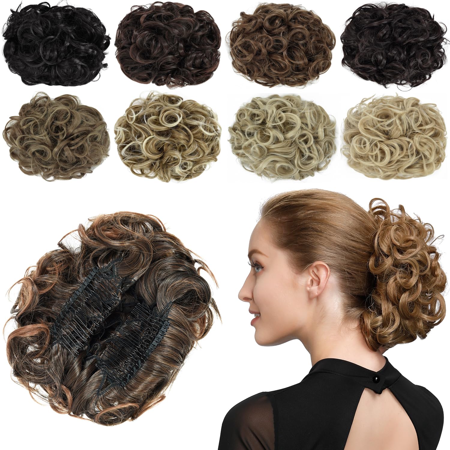 Yamel Chignon Hairpiece Curly Bun Scrunchie Extensions Synthetic Updo Combs in Messy Bun Hair Piece for Women 4T30# Darkest Brown to Light Auburn