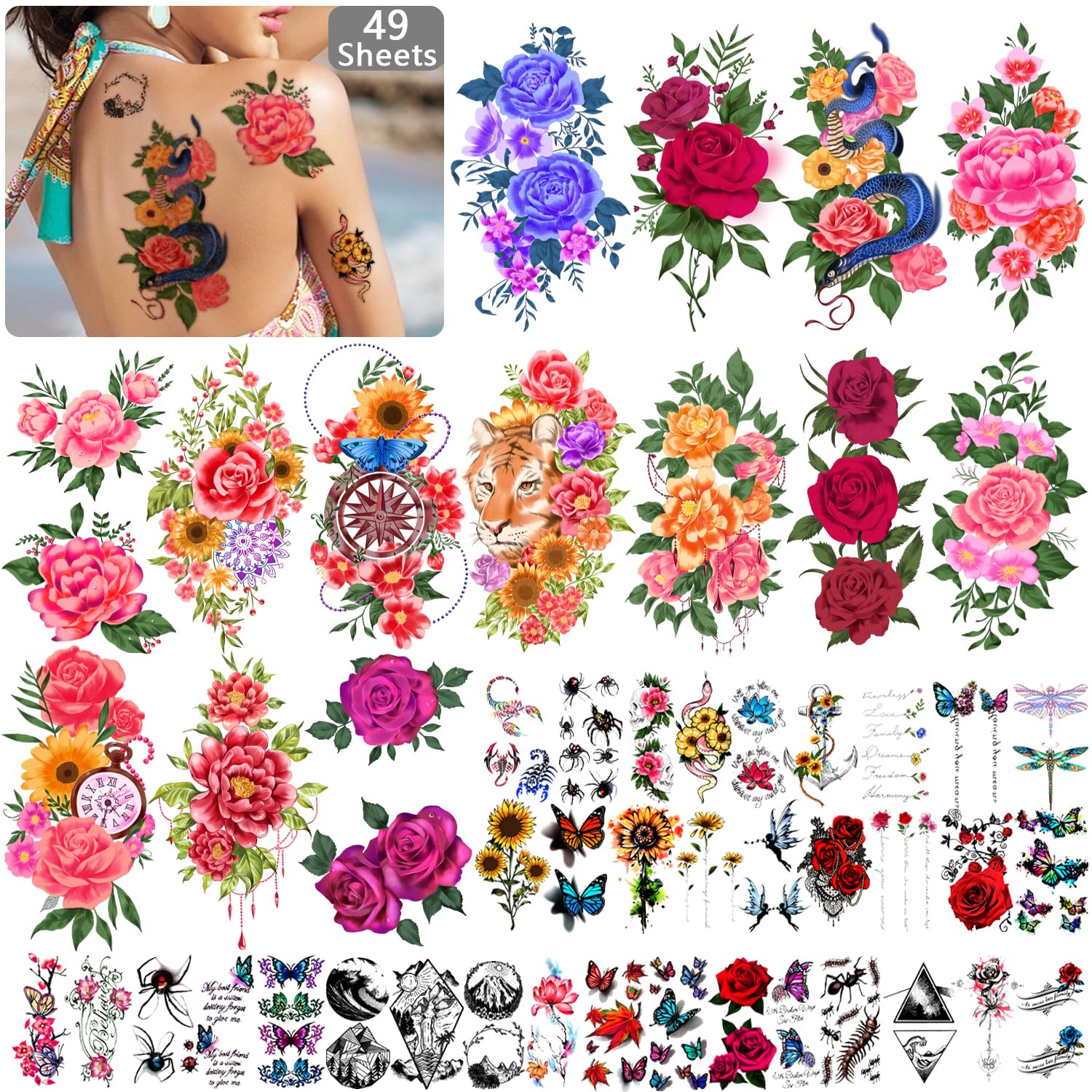 49 Sheets Temporary Tattoos for Women and Men 3D Extra Large Waterproof Sexy Flowers Fake Tattoo Kits