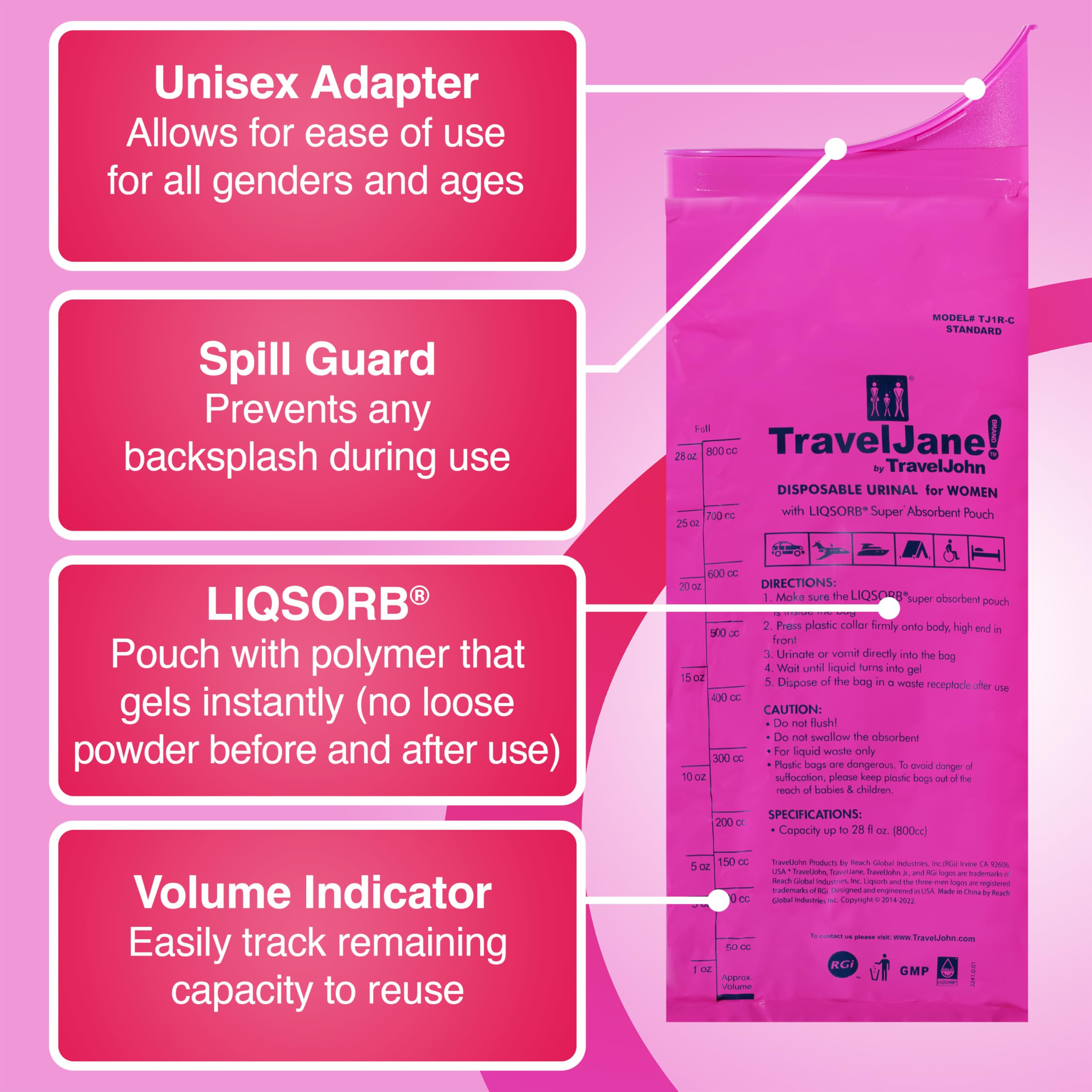 TravelJane Disposable Urinal for All Genders, Adults, and Children(18 Pack), Pink