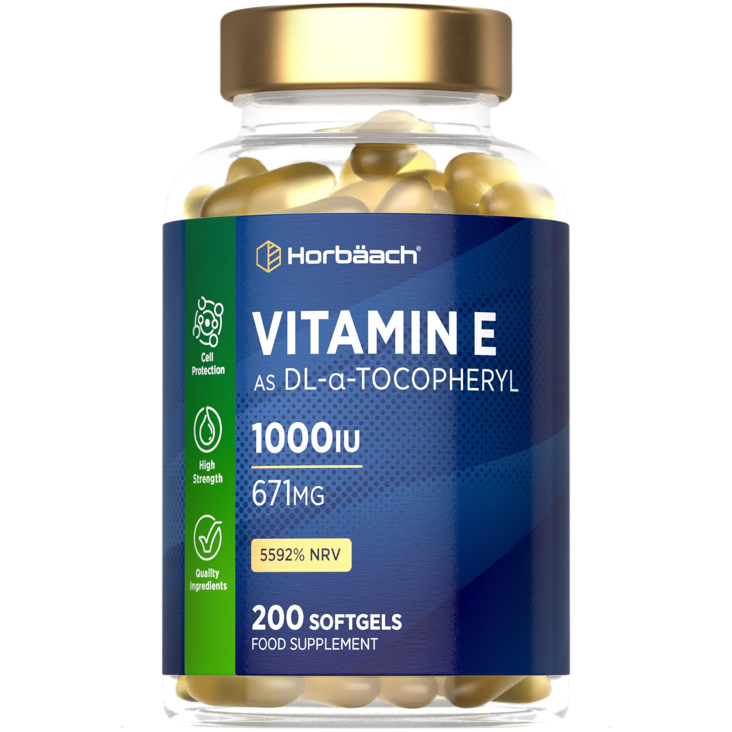 Vitamin E Capsules High Strength 1000iu | 200 Count | Vitamin E as DL-Alpha Tocopheryl Acetate | No Artificial Preservatives | By Horbaach