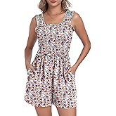 QIXING Women's Summer Casual Rompers Dressy Smocked Loose Comfy Short Jumpsuits Vacation Outfits With Pockets