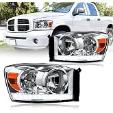 DimFlux LED Headlight Assembly for 2006-2008 Dodge Ram 1500 | for 2006-2009 Ram 2500 3500(Fits Models with Halogen Headlamps Only), Chrome Housing Amber Reflector