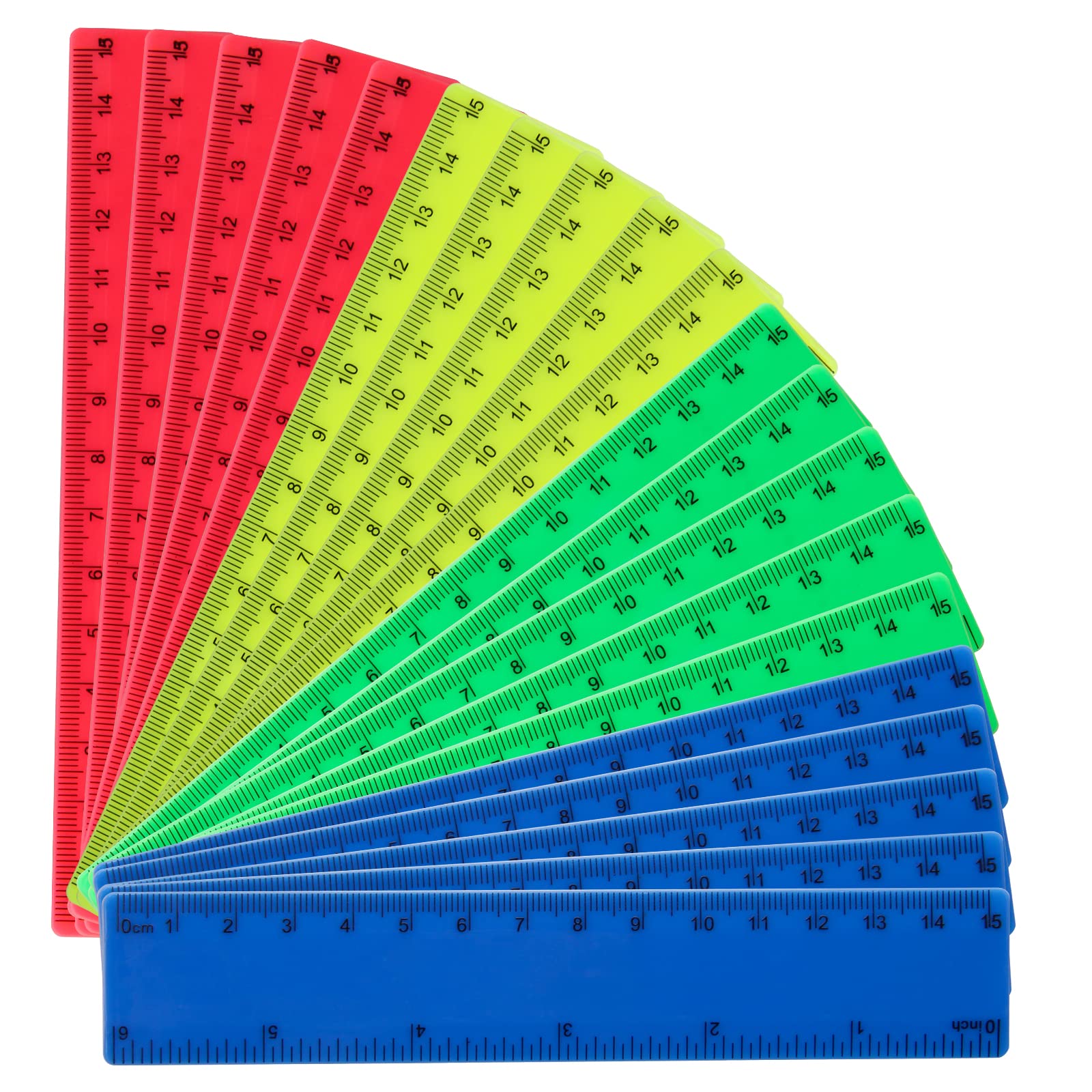 15cm Ruler Pack, Windspeed 20Pcs Colorful Straight Rulers with Inches and Centimeters, 6Inch Flexible Plastic Measuring Tools Shatterproof for Office (Green/Red/Yellow/Blue) (20)