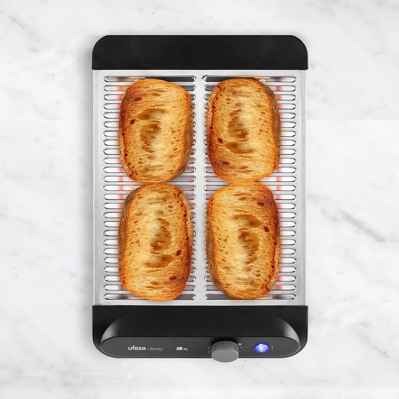Tostador Plano Barley, 900W con 3 Resistencias de Cuarzo, Tostador Horizontal de Acero Inoxidable, Tamaño XL para 4 Rebanadas, 7 Niveles, Recalentar y Descongelar, Bandeja Recogemigas, Bollería