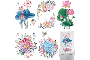 DTLIFEK 5PCS Peony and Roses Toilet Seat Stickers Self-Adhesive Pink Lotus Green Leaf Toilet Lid Decals DIY Removable Bouquet Toilet Stickers for Cistern Bathroom WC Restroom Power Switch Home Decor (A)