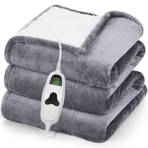 Heated Blanket Electric Blanket Throw,50“ x 60” Heating Blanket,Thick Warming Plush Electric Lap Sherpa Gifts for Women,Mom,Grandma with 5-Position Timer &10 Heating Levels,Grey