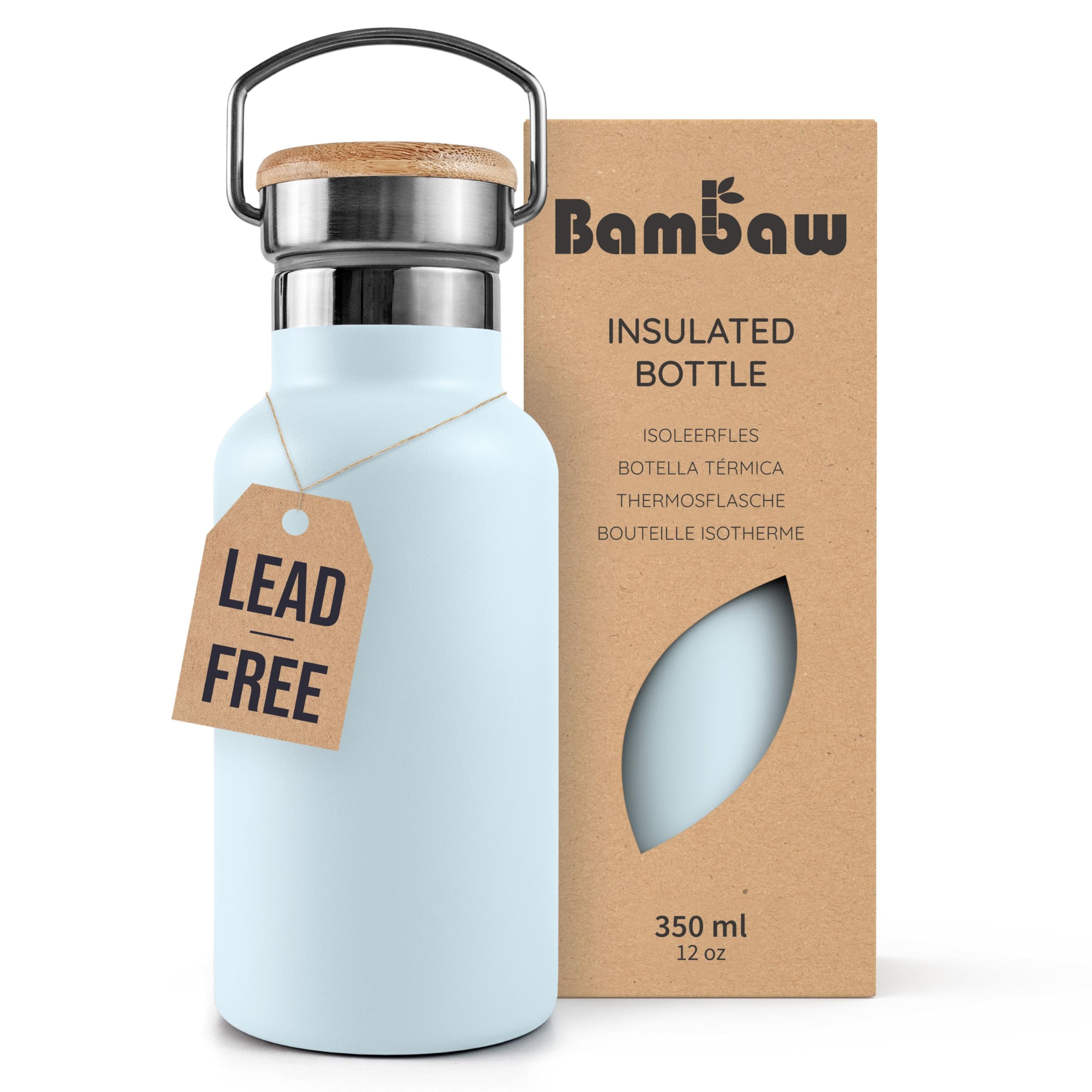 Bambaw Insulated Stainless Steel Bottle 350ml, Insulated Metal Water Bottle for Hot & Cold Drinks, Double-Walled, Reusable & Easy to Clean, Fits Cup Holder & Great for Travel (Ice Blue)