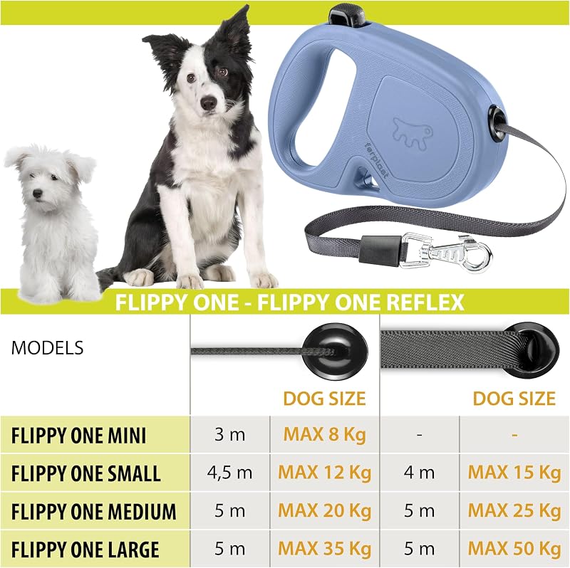 Laisse Chien Enrouleur FLIPPY ONE, Laisse pour Grands Chiens jusqu'à 35 Kg. Cordon Extensible max 5 m. Bouton de verrouillage et de déverrouillage unique, noir