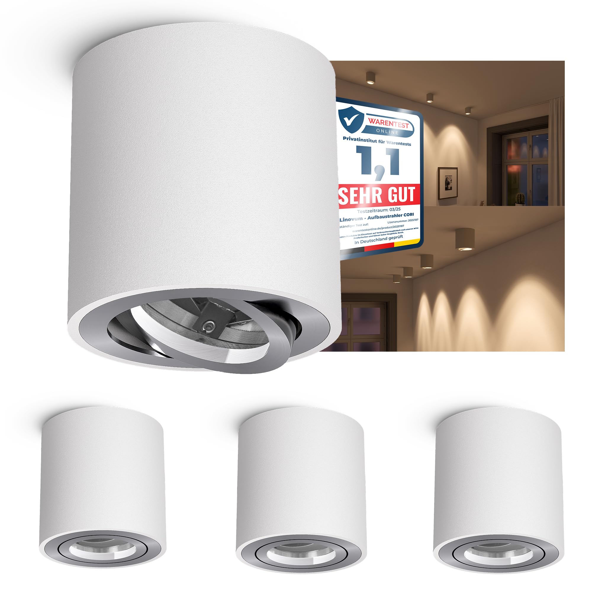 linovum Cori Recessed Spotlight Without Bulb - White/Black/White/Silver/Brushed Black Desk Matt White and Brushed Aluminium.