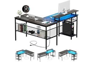 iSunirm L Shaped Computer Desk with Magic Power Outlets and Smart LED Light, Reversible Office Corner Desk with Ergonomic Monitor Stand, Large Gaming Table with Storage, Sleek Grid Design, Black Oak