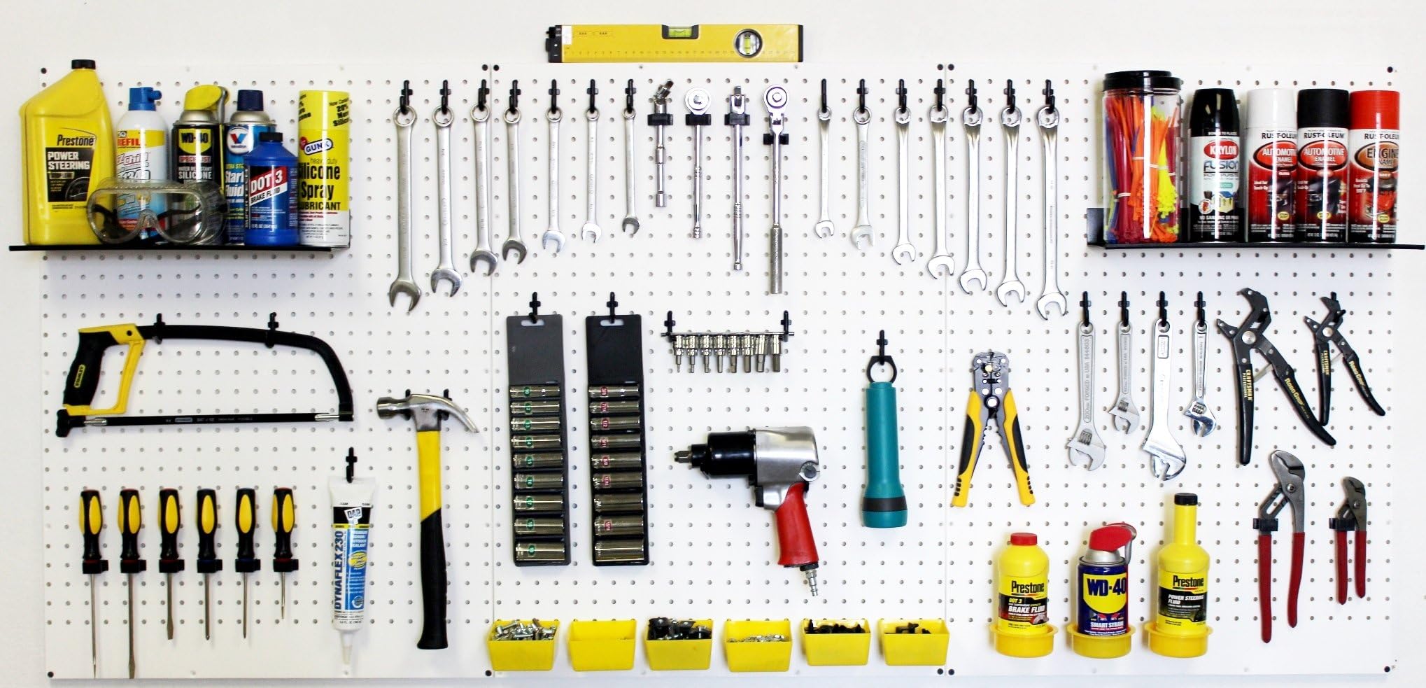 WallPeg Garage Tool Storage Kit Shelves,Part Bins, and Locking Peg Hooks