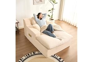 AFUSON 63" Oversized Boneless Chaise Lounge Chair, Extra Cloud Layer, Convertible Sleeper Sofa Couch with Removable Pillows & Side Pockets, Corduroy Upholstered Sofa Bed with Armrests for Living Room, Beige