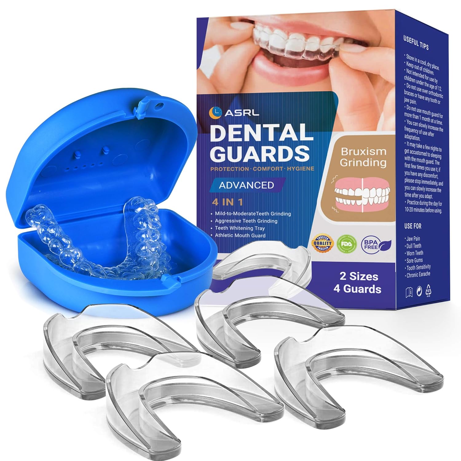 Mouth Guard for Grinding Teeth, Night Guard, Moldable Dental Guard, Professional Mouth Grinding Guard, Comfortable Custom Mold for Clenching, Bruxism, Whitening Tray & Sports Guard (4 Pack, 2 Sizes) : Beauty