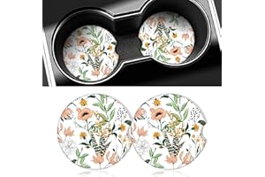 Beautiful Floral 2 PC Ceramic Car Coasters for Cup Holders,Tubdic Anti Slip Car Cup Holder Coaster,Super Absorbent Car Cup Coasters for car with Cork Base and Finger Notch,Cute Car Accessory for Women