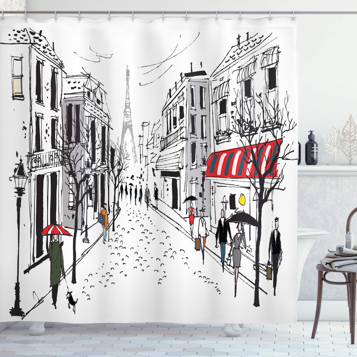 ABAKUHAUS Paris Shower Curtain, Old French Pedestrians Stores Trees and the Silhouette of Eifffel Urban Illustration, Cloth Fabric Bathroom Decor Set with Hooks, 86 Inches Extra Long, Multicolor