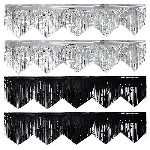 DERAYEE 4 Pack Metallic Tinsel garland, Foil Fringe Streamers Silver and Black Curtains for Halloween Party Decoration