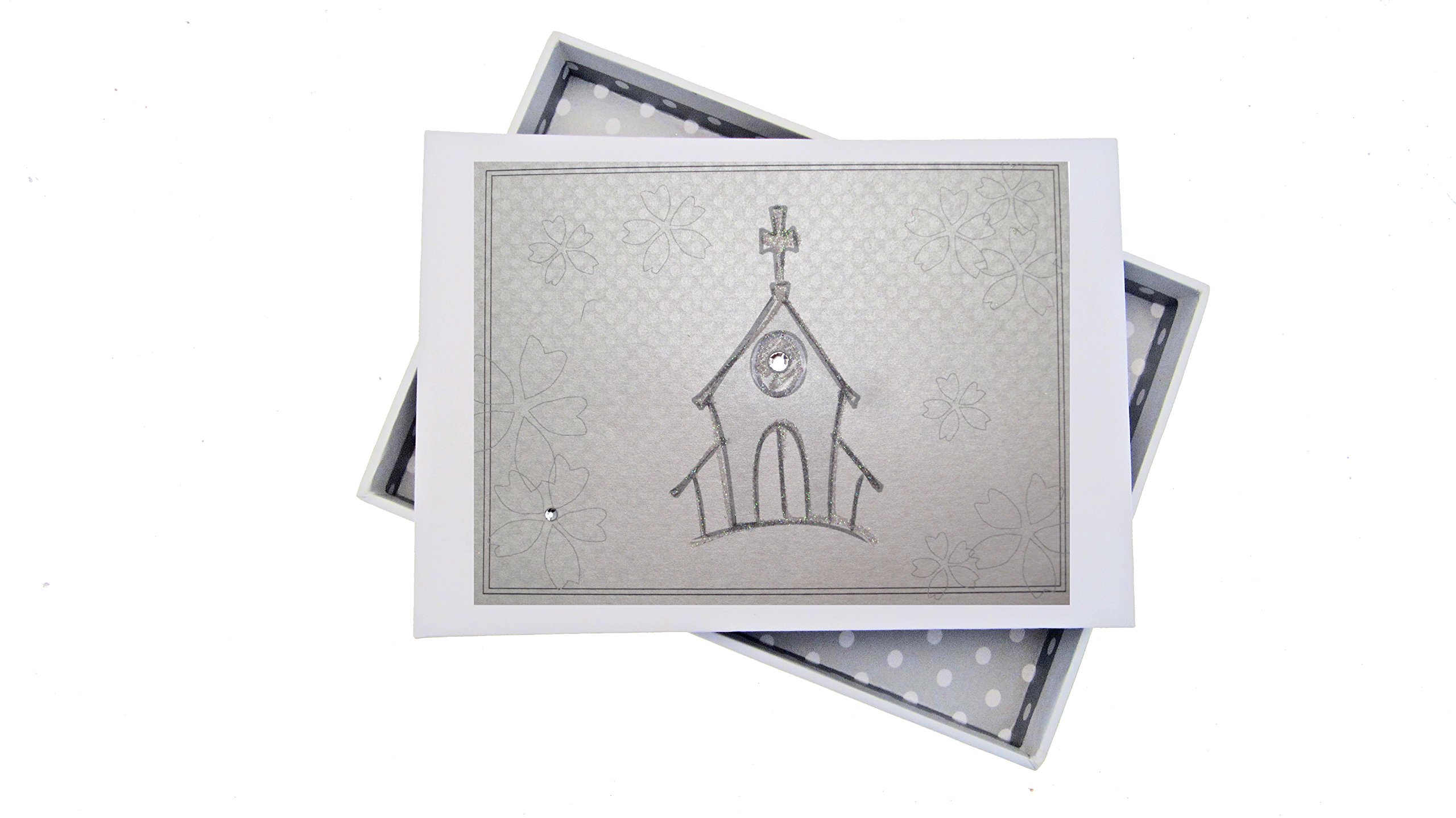 White Cotton Cards Open Holy Celebration, Mini photo Album, Silver Church Design, Board, 12.5 x 17.5 x 2.5 cm