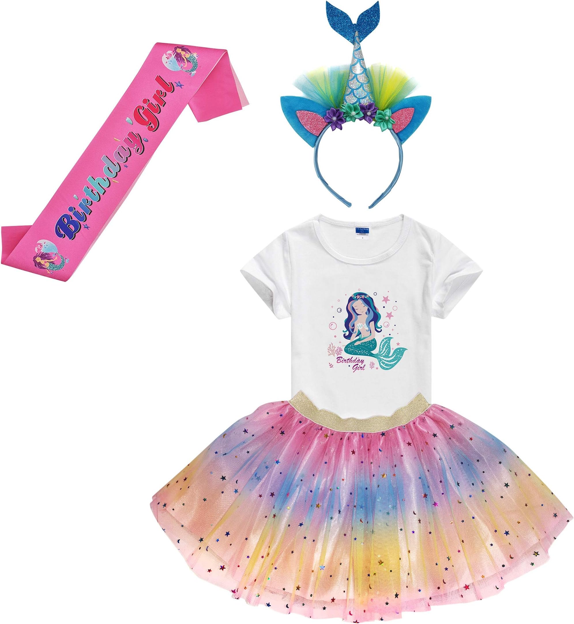 Girls Birthday Tutu Skirts Dress with Mermaid Birthday Girl Tshirt, Headband, Satin Sash