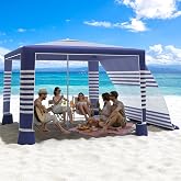 MoKo Beach Cabana, 8'&times;8' Large Beach Canopy with Side Wall, UPF 50+ Protection Easy Setup Beach Tent Sun Shelter, Adjustable Height Wind Resistant Cabana Beach Tent for Whole Family, Navy Stripes