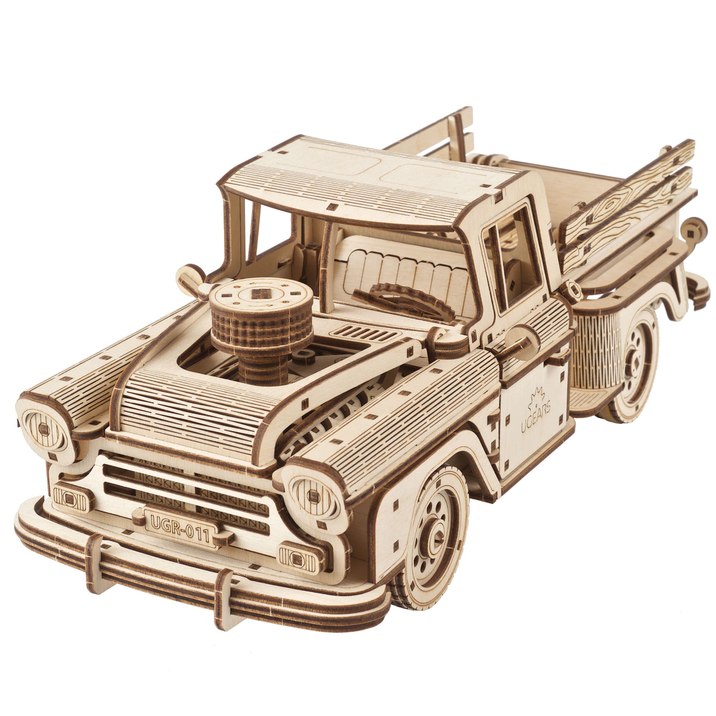 UGEARS Pickup Lumberjack 3D Puzzle - 3D Wooden Puzzles for Adults Vintage Truck - Mechanical Building Set 3D Wooden Model Kits For Adults to Build - Working V8 Engine Vehicle DIY Craft Kit