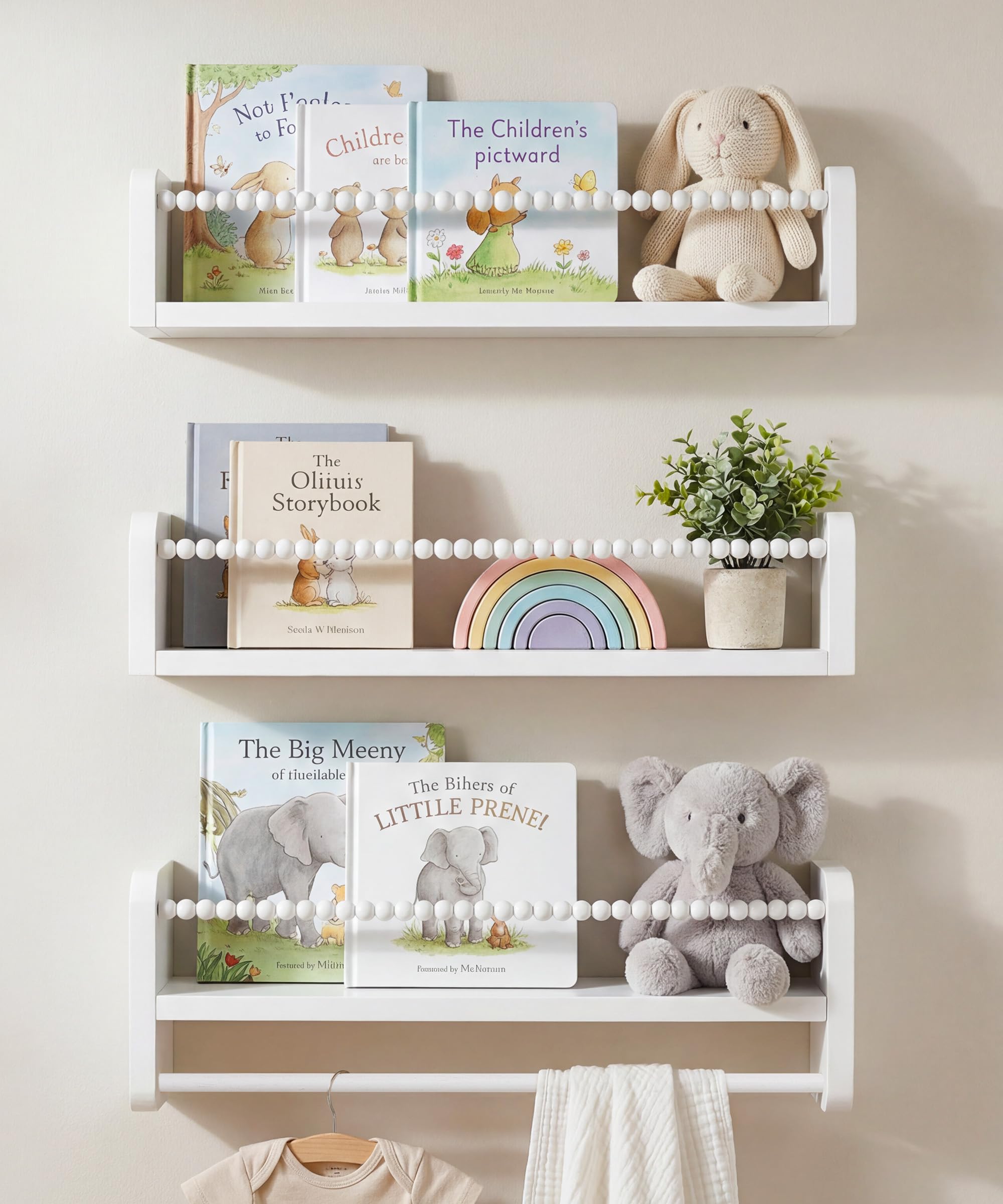 Mazjoaru White Floating Shelves Nursery Book Shelf for Wall, Kids Shelves for Bedroom Baby Bookshelf Decor, Solid Wood Small Shelving Organizer With Wooden Bead Design 40cm Set of 3