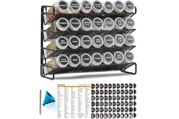 SpaceAid 4 Tier Spice Rack Organizer with 28 Spice Jars, 386 Spice Labels, Chalk Marker and Funnel Set for Cabinet, Counterto