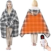 PTQ Electric Blanket Wearable Heated Shawl with Hood & Pockets – 6 Heat Levels, 4H Auto-Off, Reversible Flannel & Sherpa, Cozy Plaid Heated Throw for Home, Couch, or Gift, 40"x70", Black & Grey