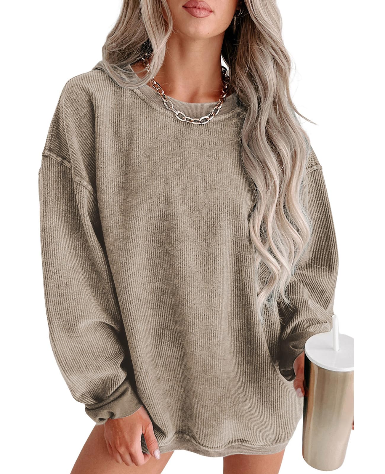 Photo 1 of SELINK Womens Crewneck Oversized Corduroy Corded Sweatshirt Long Sleeve Casual Pullover Tops Khaki-XL