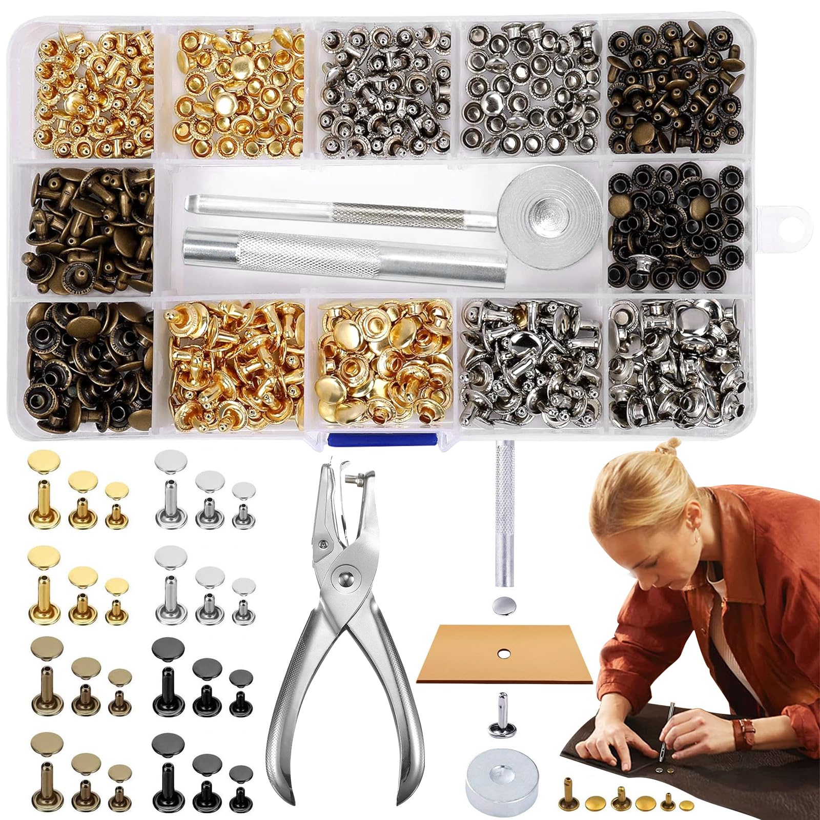 360 Piece Leather Rivets Set, Metal Rivets Round, All Bronze Leather Rivets, Leather Double Cap Copper Rivets, Leather Rivets for Clothing, 6 mm/8 mm/12 mm, DIY Leather Fastening Tool (Pliers with