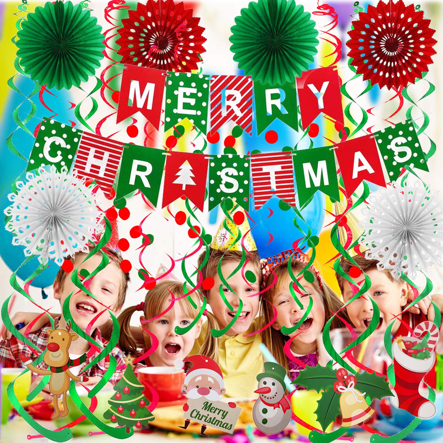 FECEDY Merry Christmas Banner Paper Fan Flower Circle Confetti Dots Hanging Garlandand Swirl Streamers Christmas Tree Christmas Snowman God Tang for Christmas Party Decoration