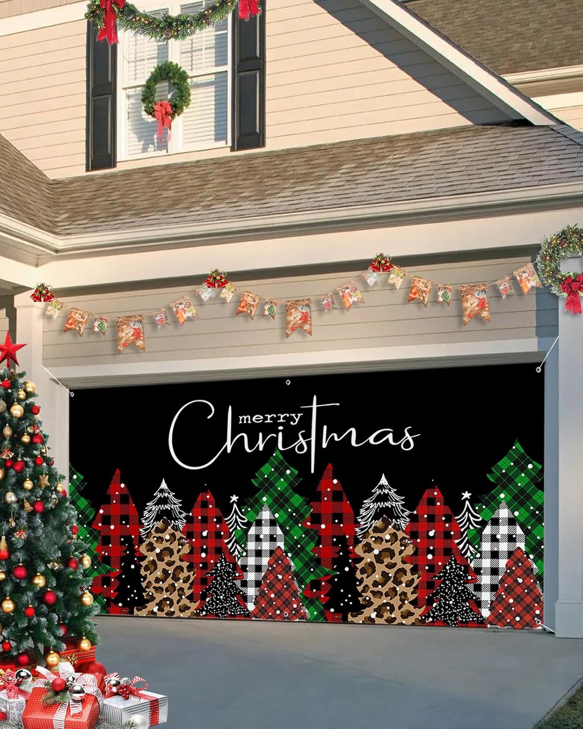 Garage Door Decorations - Christmas Garage Door Banner Cover 7 x 16 ft, Merry Christmas Green and Red Plaid Buffalo Tree Black Christmas Garage Door Decorations Holiday Christmas Backdrop Decor for Winter New Year Xmas Party