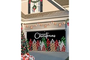 SINGINGIN Christmas Garage Door Banner Cover 7 x 8 ft, Merry Christmas Green and Red Plaid Buffalo Tree Black Christmas Garage Door Decorations Holiday Christmas Backdrop Decor for Winter New Year Xmas Party