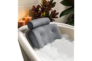 Everlasting Comfort Luxury Bath Pillows for Tub with Head and Neck Support - Non-Slip Bathtub Pillow with Suction Cups, Quick-Drying Mesh & Drying Hook - Jacuzzi & Spa Accessories for Women - Gray