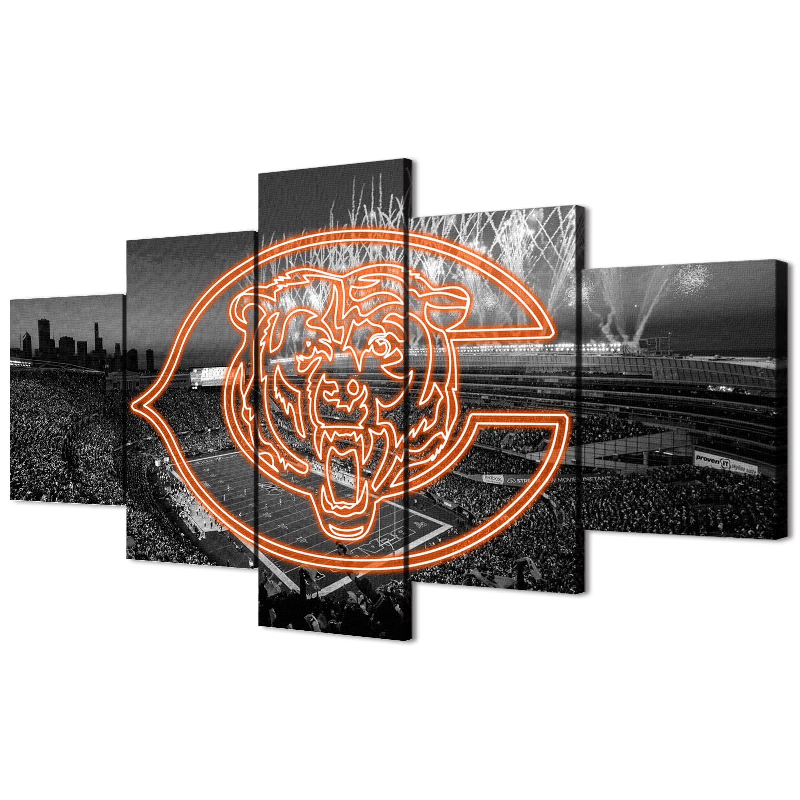 Photo 1 of (80X150CM/5PCS) Frame Canvas Print Poster - American football Chicago Field Stadium with Neon Bears badge - Original Black and White Sports Wall Art for Home and Office Decor