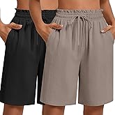 Neer 2 Pcs Women's Linen Summer Shorts Casual Bermuda Wide Leg Mid Length High Waisted Drawstring Short with Pocket