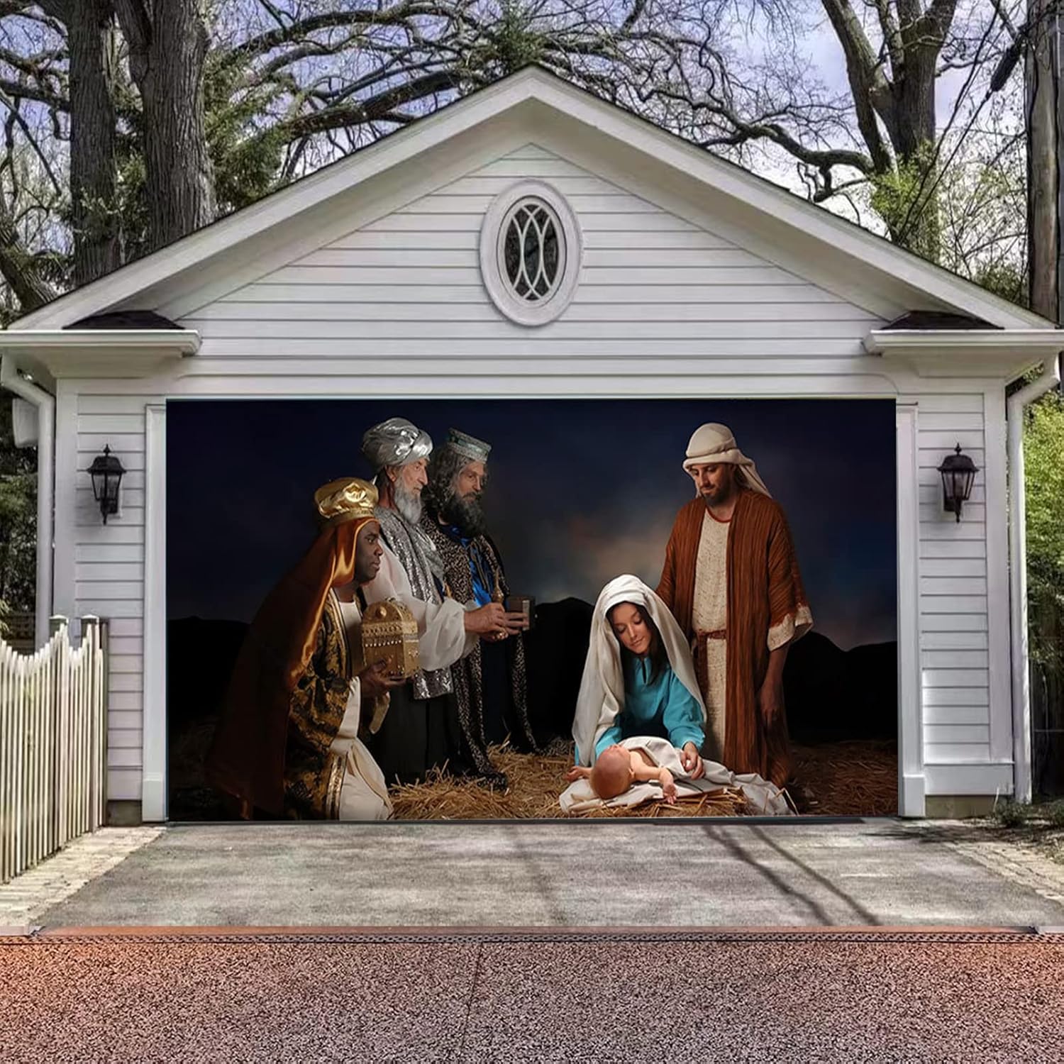 Garage Door Decorations - 7x16ft Manger Scene Religious Christmas Garage Door Banner, Holy Nativity Christmas Large Banner for Religious Christmas Garage Door Garden Room Outdoor Holiday Decorations Garage Door Murals (C)