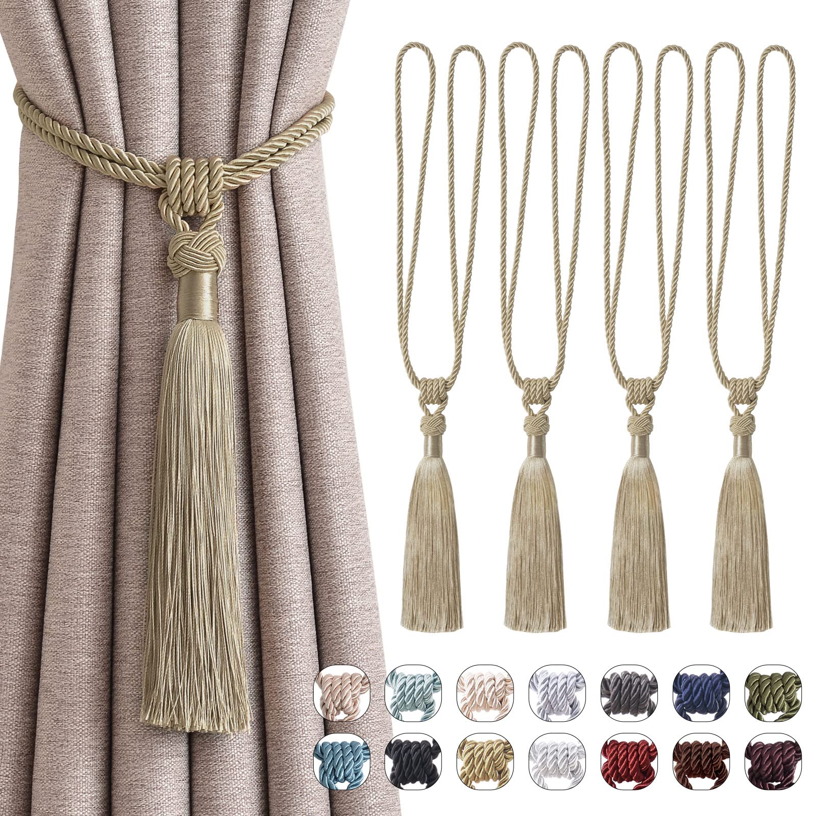 Pretty Jolly 4 Pack Long Tassel Curtain Tiebacks Handmade Braided Rope Knot Drape Tie Backs European Style Decorative Curtain Holdbacks for Home & Office Window Drapery (Khaki)