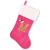 BELISHMIE 20-inch Personalized Pink Faux Velvet Stocking with Embroidered Gold Letter – Luxurious Christmas Decoration and Gift, Plush Finish (Pink-M)