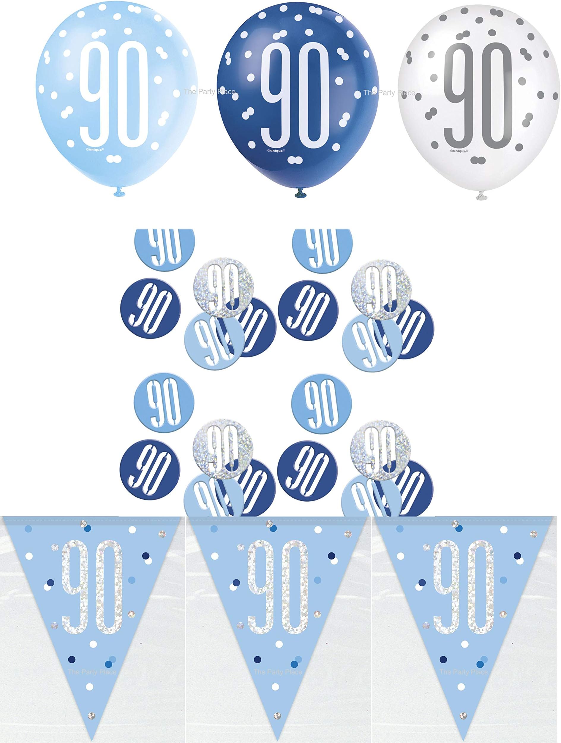 Blue Silver Glitz 90th Birthday Flag Banner Party Decoration Pack Kit Set